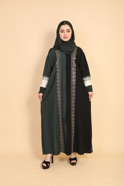 Stylish Fashion عباية من ستايلش فاشن لف باللون الأسود والزيتي مزينة بتطريز ذهبي