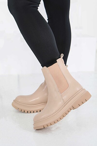 TOFİSA Дамски бежови ботуши от синтетична кожа с цип отстрани - 27848-BEIGE