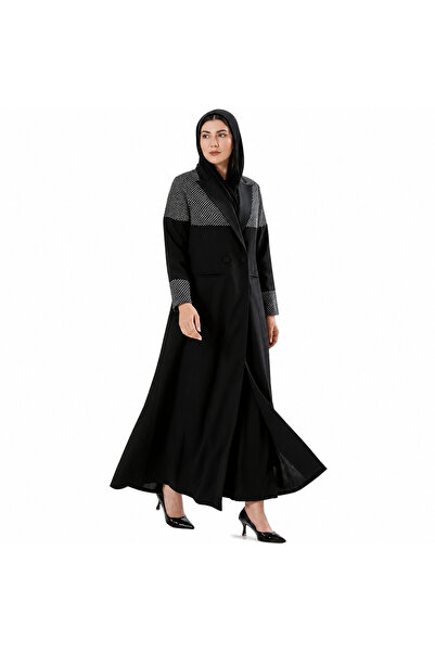 Dakakeen Concept Black Linen Blazer Abaya with White Polka Dots – Elegant Aba...