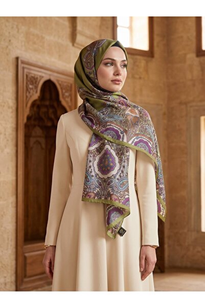 Vissona 100% İpek Etro Desenli Haki Renkli 92x210 Şal