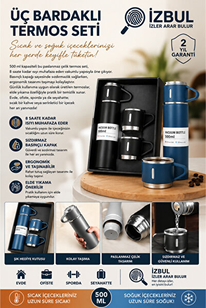 izbul Stylish and Durable 3-Cup Thermos Set with Long-Term Heat Preservation ...