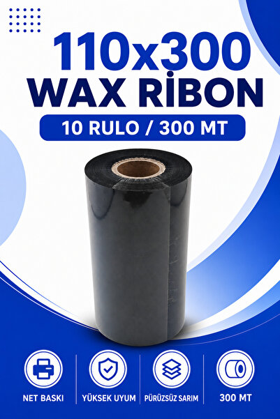Küresel Etiket Barkod 110x300mm Wax Ribon | 10 Rulo | 300 Mt | Dayanıklı | Te...