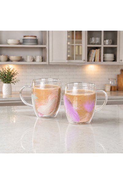 mafa home Stylish Mug with Real Feather Design, 350 Ml, Gift, 2 Pieces