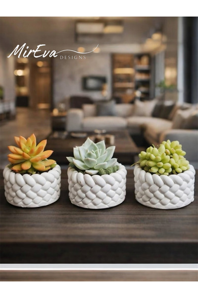 MİREVA 3'lü Örgü Desenli Mini Saksı Seti – Modern Dekoratif Minimalist Skulen...