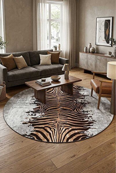 Frenda Home Zebra Desen Pamuk Taban Baskılı Yuvarlak Halı Gri