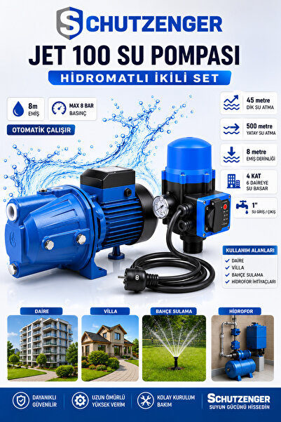 SCHUTZENGER Otomatik Su Pompası 1.5 Hp Jet100p 1'' Parmak Hidrofor Pompa 45mt...