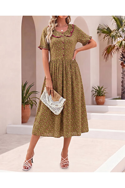 Wild Love Rochie casual de damă, kaki, cu model crocant, cu guler cu volane, ...