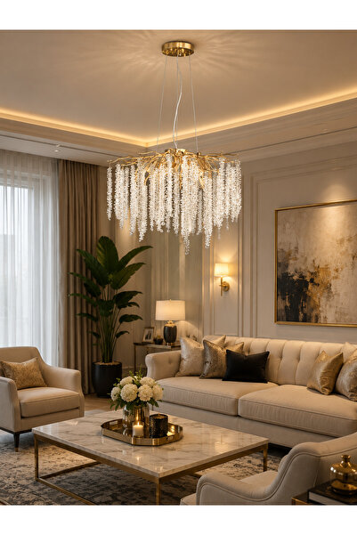 Led 50 CM KRİSTAL AĞAÇ LÜX SALON AVİZE GOLD E14 6 AMPÜL