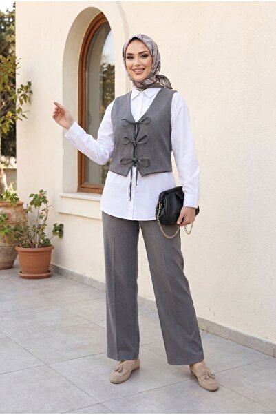 Modamorfo Lace-Up Front Shirt, Vest, and Pants Three-Piece Linen Look Suit - ...