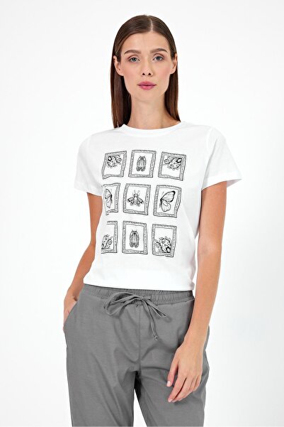 VENA Women's Butterfly Printed Crew Neck Regular Fit T-Shirt 100% Cotton - White