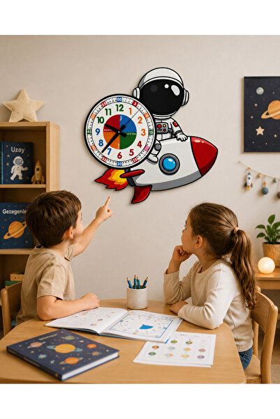 karbonsoft Sevimli Astronot Montessori Çocuk Odası Eğitici Ahşap Duvar Saati ...