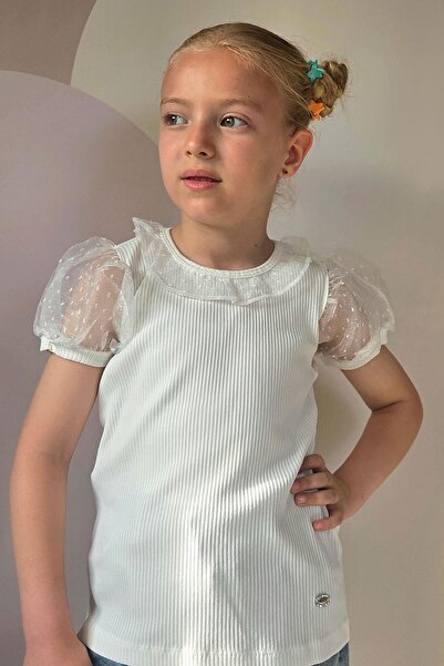 Breeze Tricou Fata Maneci Tulle Guler 7-12 Ani, Ecru