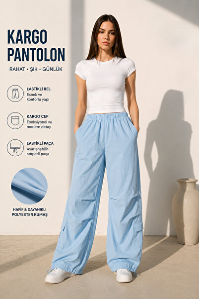Combout Women's Baby Blue Parachute Cargo Pants with Pockets and Elastic Wais...