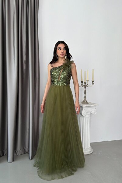 Serica Moda Khaki One-Shoulder Sequin Embroidered Puffy Tulle Skirted Evening...