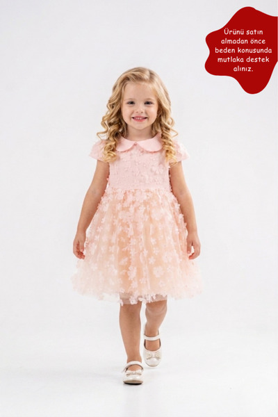 Eray Kids Bebe Yaka Çiçekli Kısa Kollu Kız Çocuk Abiye Elbise