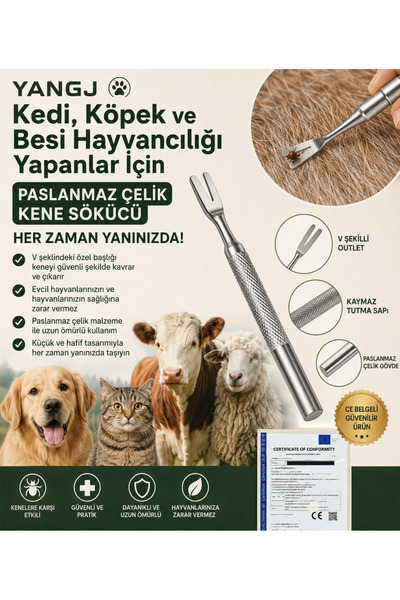ORGANICYOU YANGLIANG Tekli Paket Paslanmaz Çelik Ergonomik Köpek Kene Çıkarıc...