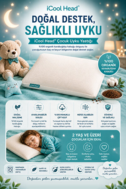 iCool Head Organik Karabuğday Kabuğu Dolgulu Çocuk Yastığı, Bebek Yastığı, Ço...