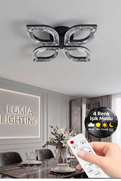 Lumia Lighting Yonca Model Siyah Kumandalı 4"lü Ledli 3 Renk Modu Kristal Sal...