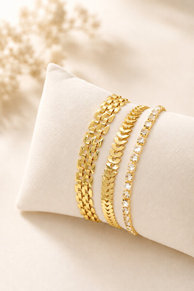Crc Bijuteri Gold Color Fish Scale & Waterway Detailed 3-Piece Bracelet Set