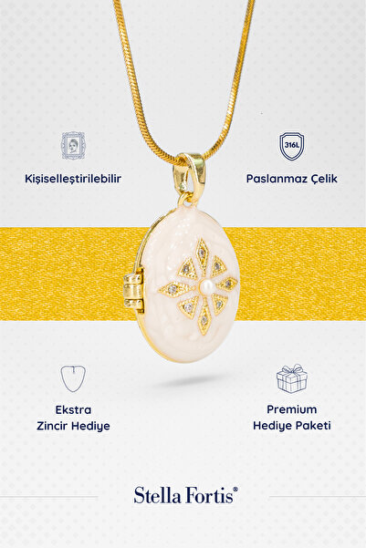 Stella Fortis Beyaz Mine Detaylı Kapaklı Madalyon Kolye – Altın Renk Yılan Zi...