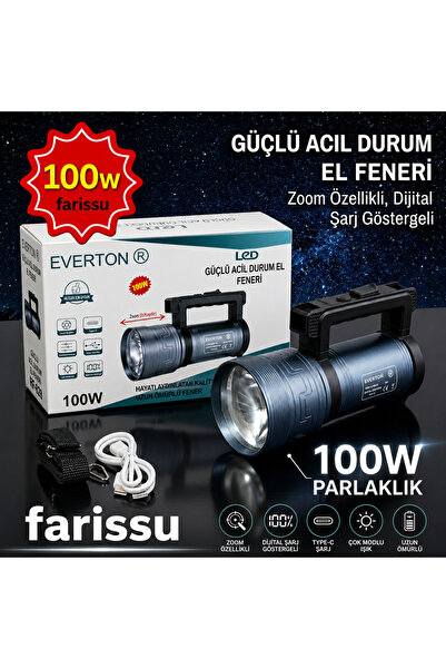 farissu RT-829 100W 1000 Lümen Güçlü LED Acil Durum ve El Feneri – Şarjlı, Fu...