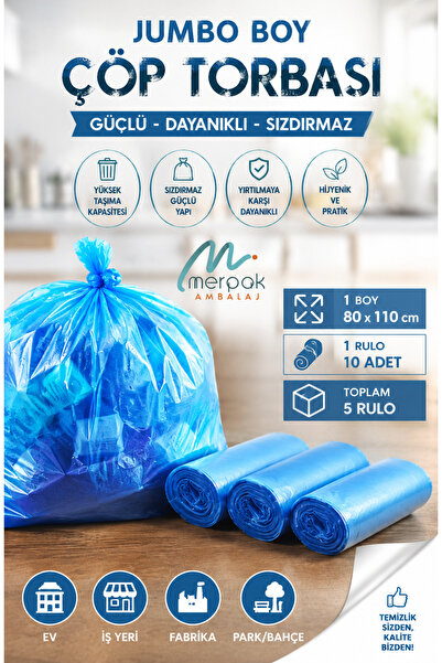 Merpak Ambalaj Çöp Torbası Jumbo Boy 10'lu X 5 Rulo Mavi Çöp Poşeti 80x110 Cm