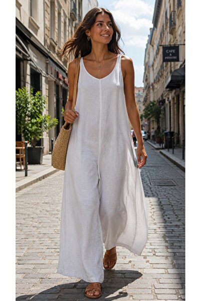 Bohem Stil Italian Women's Strappy Linen Jumpsuit