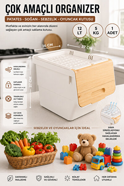 nextbuy 12 LT Bambu Renk Organizer Çok Amaçlı Kutu Tekerlekli Patates Sebze S...