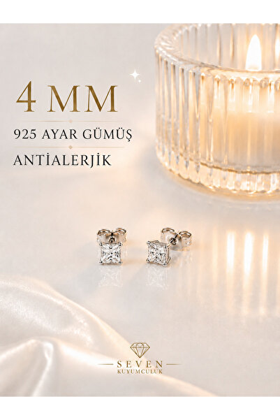 seven kuyumculuk 925 Ayar Gümüş Tektaş Küpe | Kare Kesim Zirkon Taşlı Minimal...