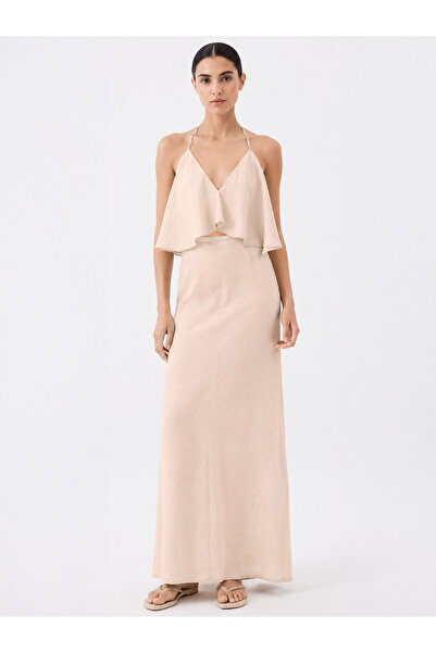 RİVUS Maxi Linen Skirt with Zipper Closure - Beige