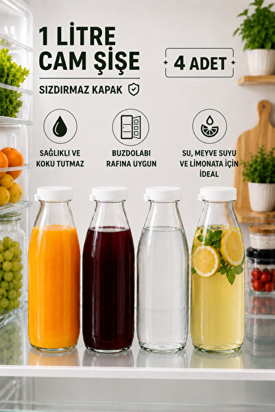 Rotanev 4 Adet Beyaz Plastik Kapaklı Cam Şişe 1 Litre Şeffaf Sürahi Süt, Ayra...