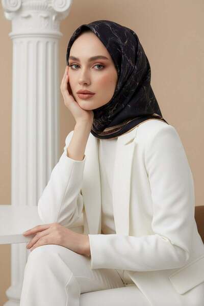 Vissona %100 Twill İpek Mermer Desenli Siyah Renkli 90x90 Eşarp Dikim Şekli :...