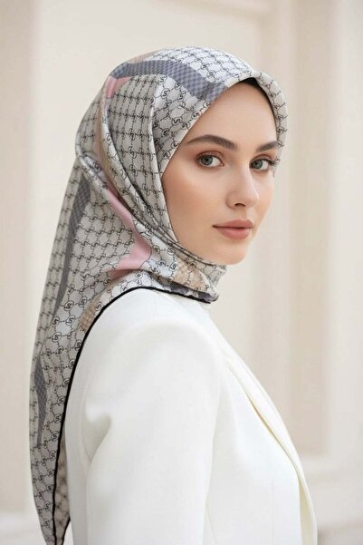 Vissona %100 Twill İpek Monogram Ve Şerit Desenli Pembe - Gri Renkli 90x90 Eş...