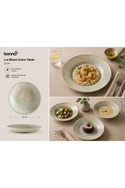 Bonnami Luz Bloom Çukur Tabak 23 cm 1000 cc Porselen Yemek Makarna Çorba Tabağı