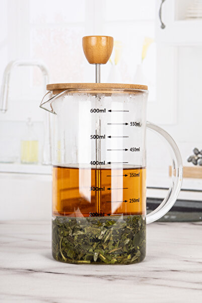 Karçiçeği Home Borosilikat Cam Lüx 600 ml Bambu Kapaklı French Press - Ölçü Kabı