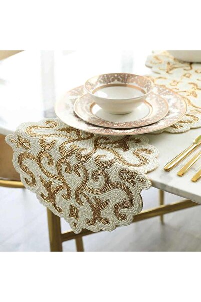PAN HOME مفرش طاولة مزين بالخرز من شادين 33×91 سم - ذهبي عاجي