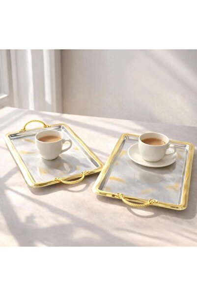 PAN HOME Akiro 2-piece Rectangular Serving Tray -chrome & Gold