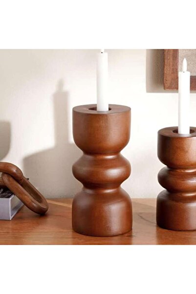 PAN HOME Almond Wooden Taper Candle Holder 10.5x10.5x23cm - Brown