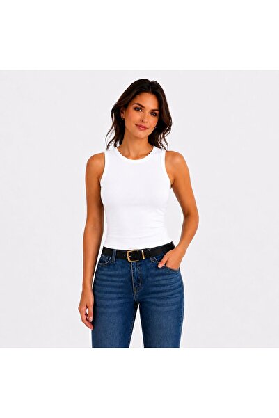 BY HUPE Women's Summer Sleeveless Stretchy Crew Neck Black Blouse