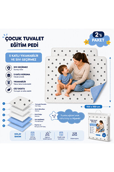 CDE Desenli Çocuk Tuvalet Eğitim Pedi 100x100 cm (2 li paket) 5 Katlı Yıkanab...