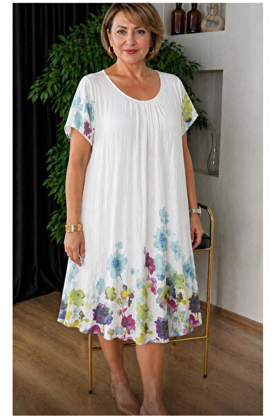 MENSAR OTANTİK Cotton Floral White Dress, Compatible with Size 38/46