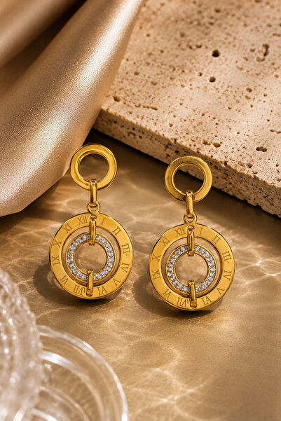 Sylvera Shop Roma Double Hoop Dangle Steel Earrings (Gold Color)
