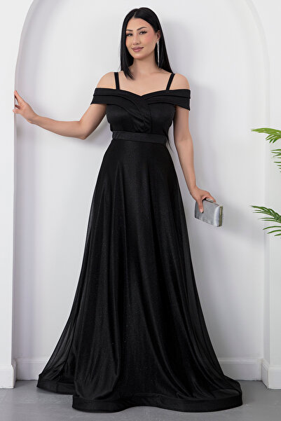 PULLIMM Rochie de seară lungă din tul cu sclipici cu bretele 13278