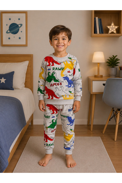 Fil Kids Dečački set pidžama sa dugim rukavima, 100% pamuk, sivog boje, sa uz...