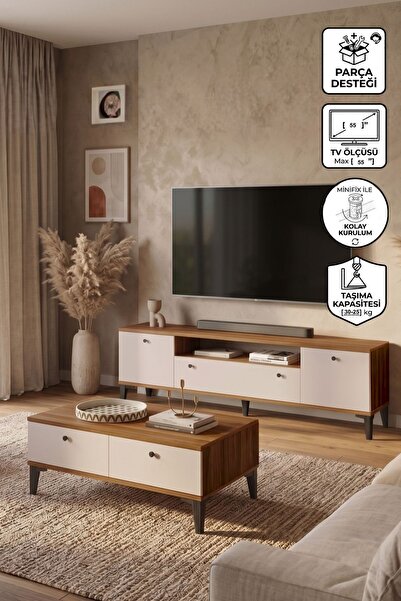 Yurupa Valaris Tv Ünitesi ve Orta Sehpa Takımı Modern Ayaklı 2'li Set Ceviz-K...