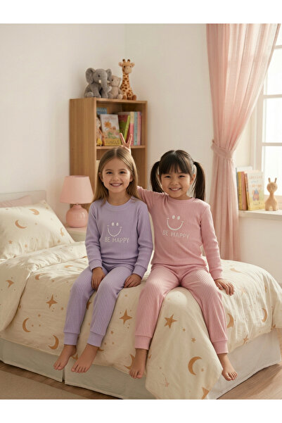 Minidamla Smiling Face Printed Pajama Set for 1-7 Years Old - Pink