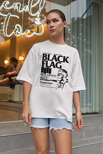 buzagi tasarım ürünleri Black Flag Oversize Unisex White T-Shirt