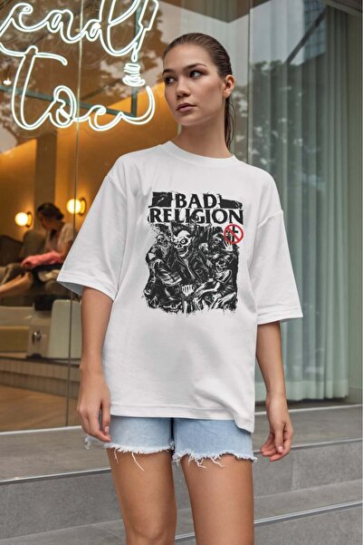 buzagi tasarım ürünleri Bad Religion Oversize Fit Unisex White T-Shirt