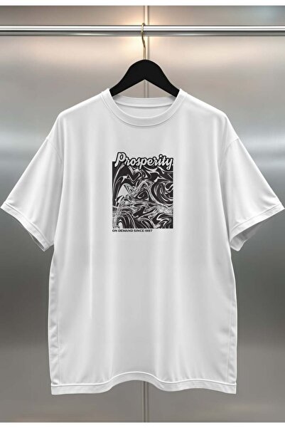 buzagi tasarım ürünleri Prosperity Digital Print Oversize Unisex White T-Shirt