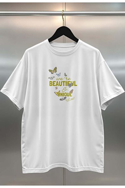 buzagi We'Re Beautiful Digital Print Oversize Unisex White T-Shirt